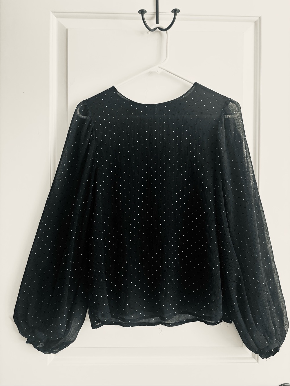 WHO WHAT WEAR Top with Long Sheer Sleeve in a Black/White Dotted Swiss- Size Sm